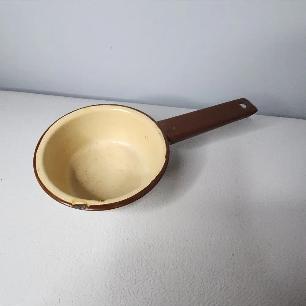 Vintage Little Saucepan Enamelware Tan with Brown Trim & Handle 5